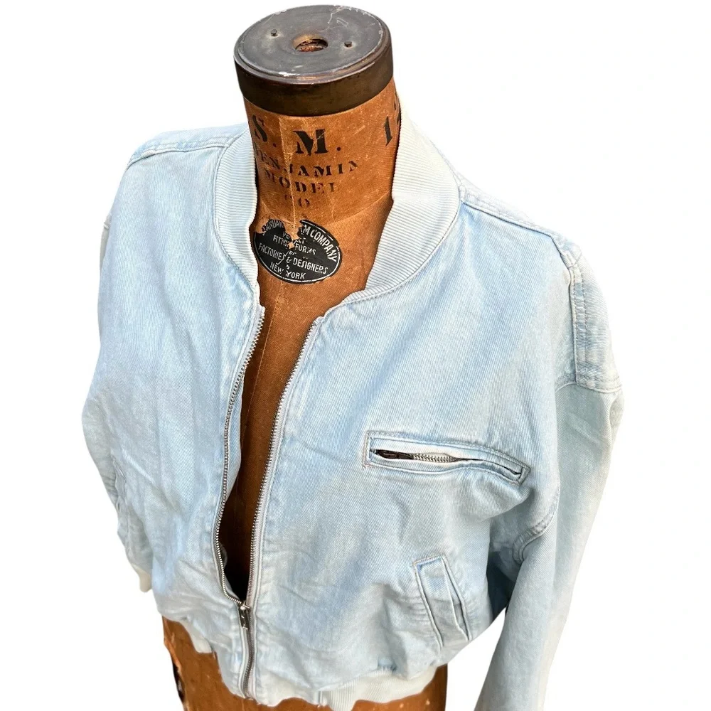 New Refuge Denim Pilot Bomber Sun Faded Boyfriend Jacket Grunge Casual Y2K NWT‎